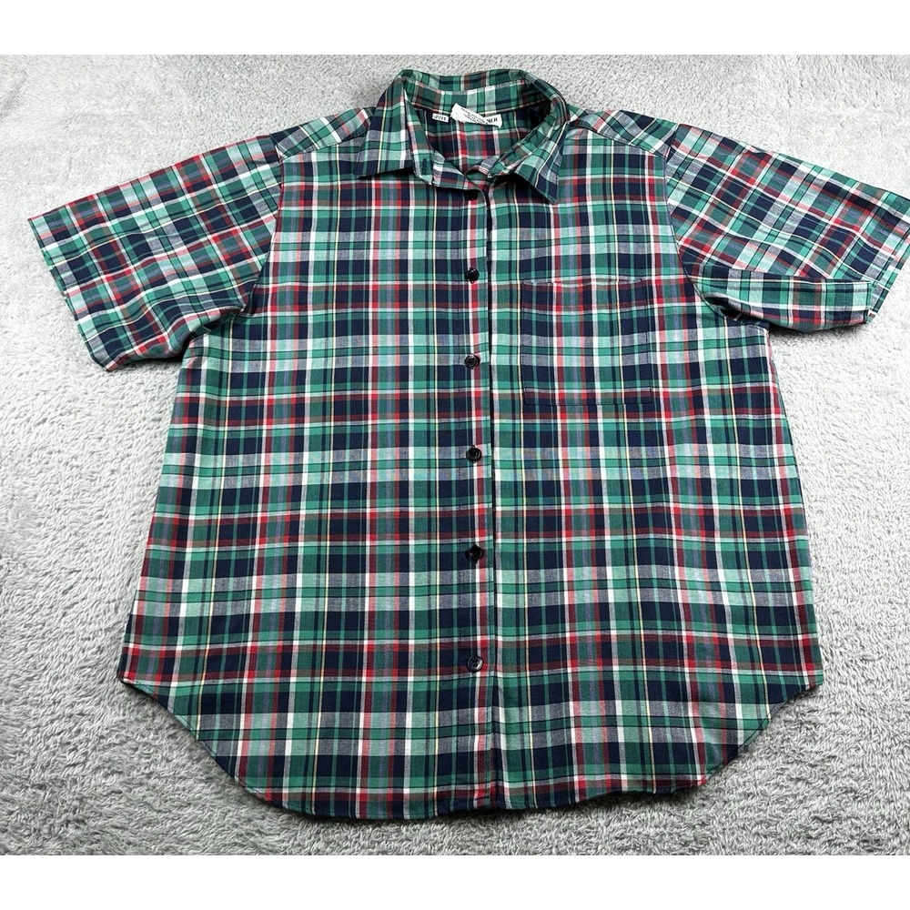 Alfred Dunner Shirt Mens Large Plaid Button Up Short Sleeve Green Made in USA